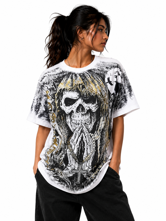 Konflic Santa Muerte Prayer for Love Graphic All Over Print Men's T-Shirt "Gold Foil"