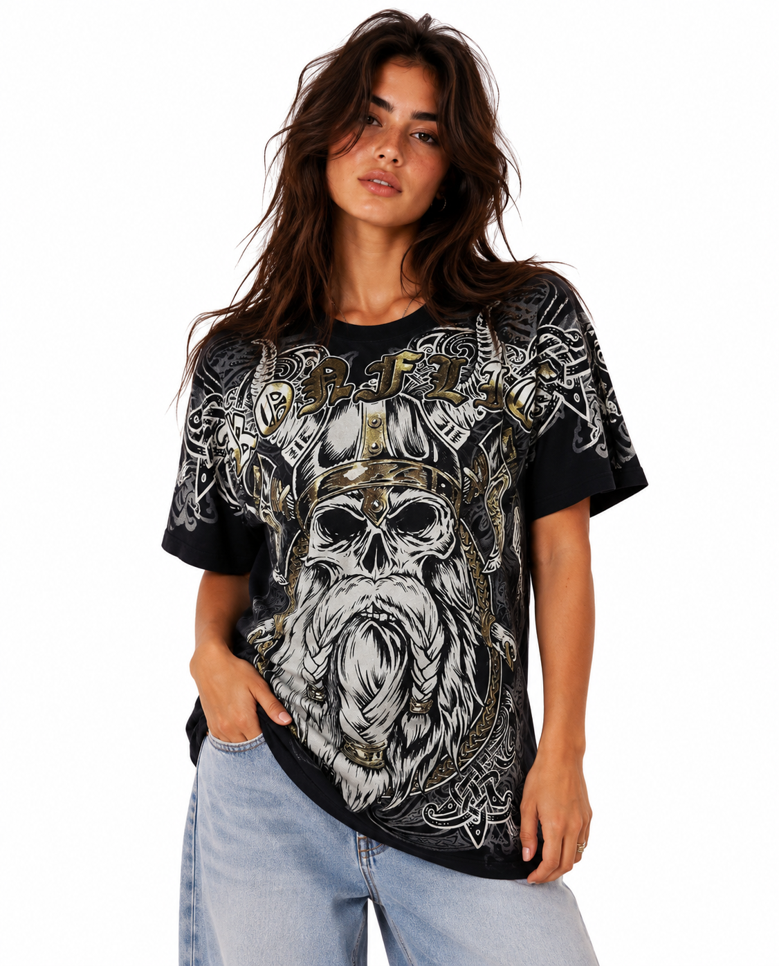 Konflic Vengeful Viking Warrior Spirit Skull Graphic All Over Print Men's T-Shirt "Gold Foil"
