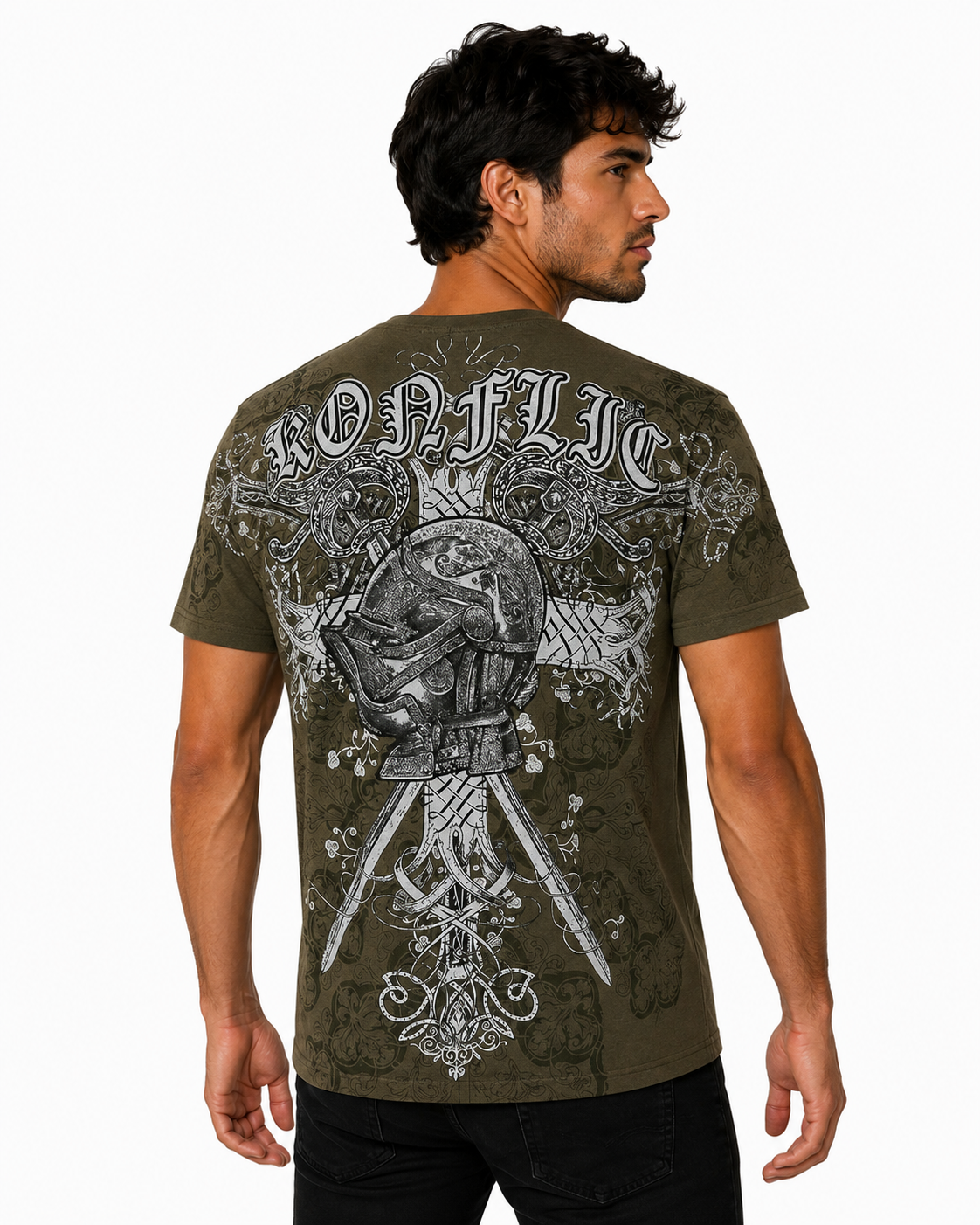 Konflic Gothic Knight Steel Armor & Swords Graphic All Over Print Men's T-Shirt "Gold Foil"