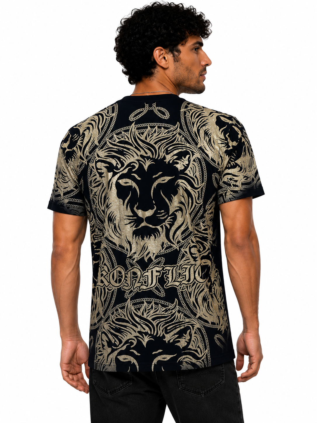 Konflic Men's Metallic Gold Lion King Graphic All Over Print T-Shirt "Gold Foil"