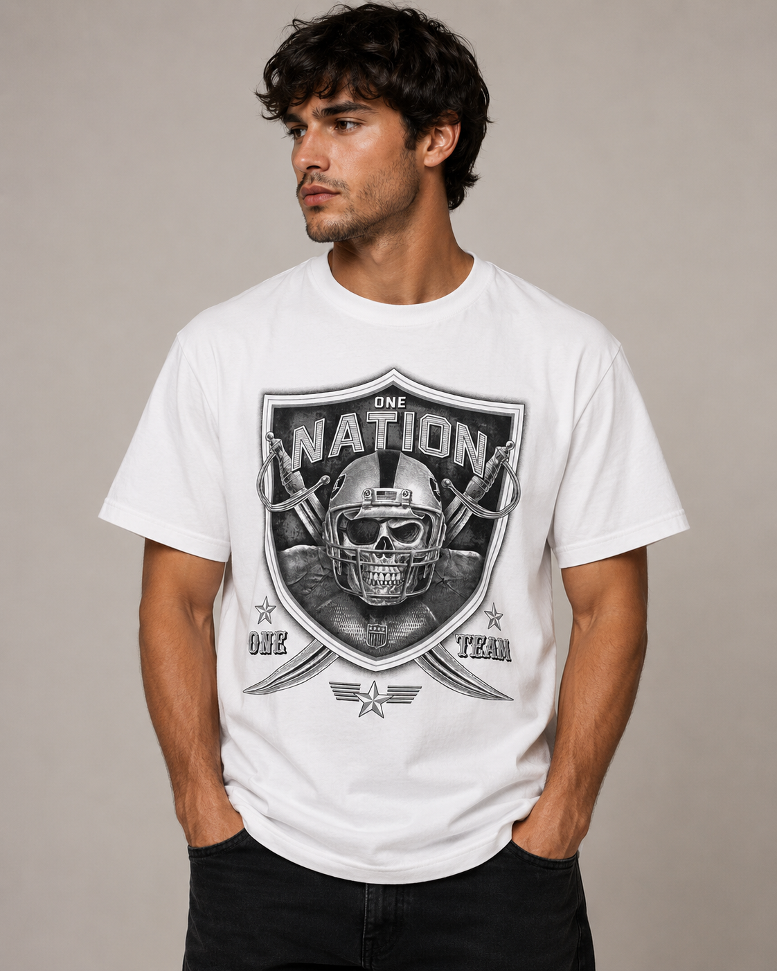 One Nation One Team Pirate Skeleton Football Fan art Graphic T Shirt