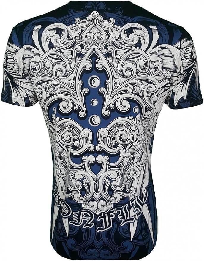 Black cotton t-shirt with ornate gothic white and blue baroque design and bold graphic text on back.