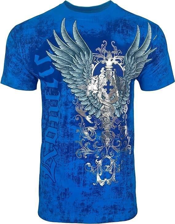 Blue cotton graphic tee with gothic winged crest and metallic accents, streetwear style