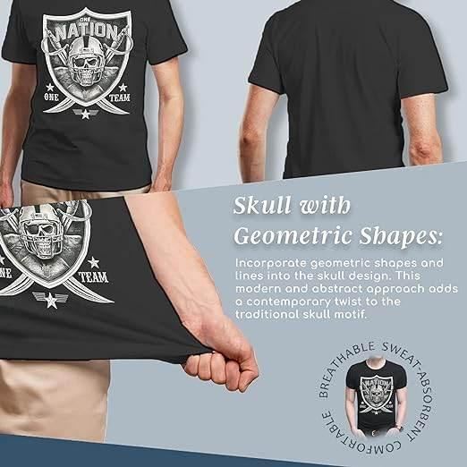 Black cotton MMA t-shirt with geometric skull and shield graphic, gothic streetwear style.