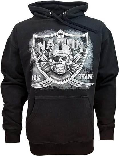 Black hoodie with gothic skull football helmet and shield graphic, streetwear style