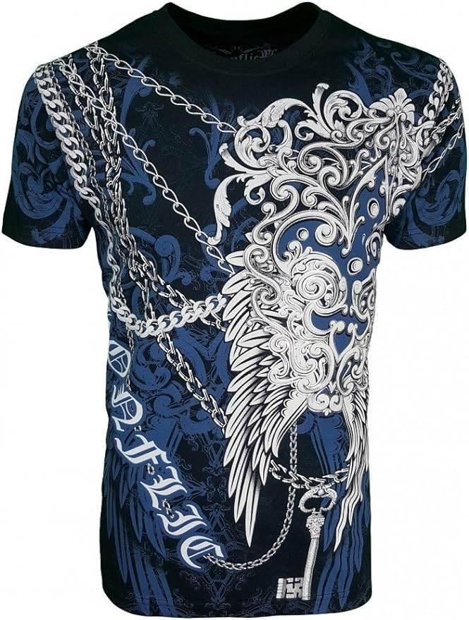 Black graphic t-shirt with white wing, key, chain, and gothic scroll designs, streetwear style