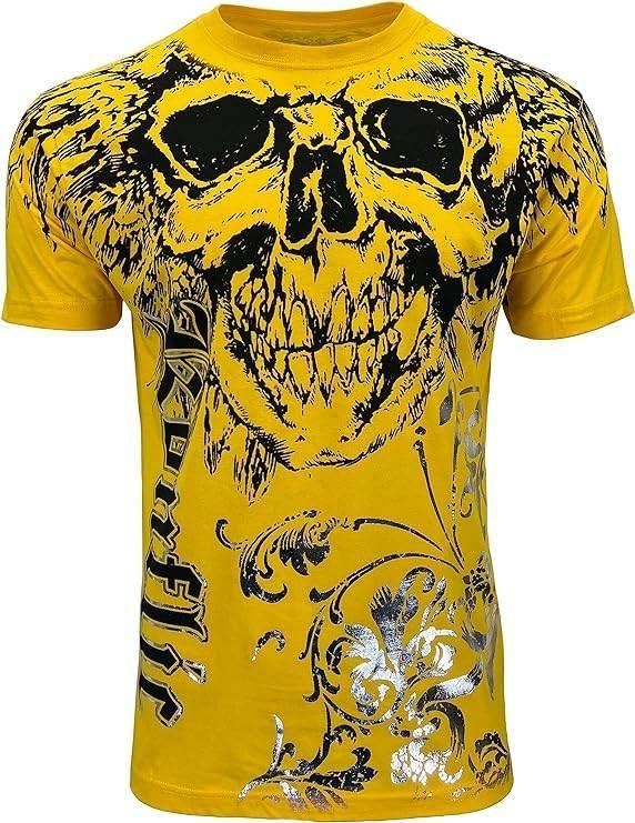 Yellow graphic tee with large black skull design, gothic print, and silver accents, alternative fashion