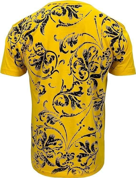 Yellow cotton graphic tee with black gothic floral pattern on the back, alternative streetwear.
