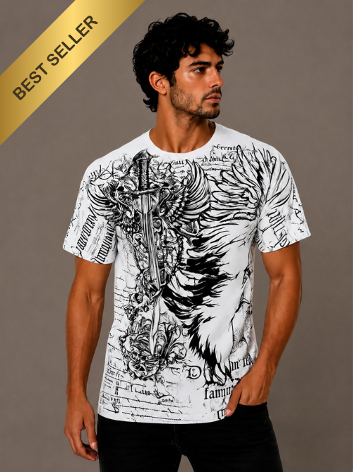 Konflic Eagle Shield & Tribal Sword with Chains Graphic All Over Print Men's T-Shirt