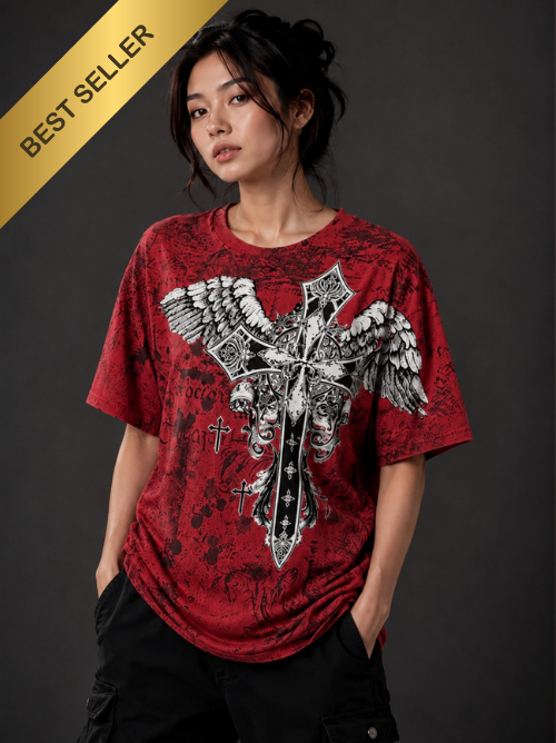 Konflic Men's Gothic Cross and Wings  Crew Neck MMA T-Shirt
