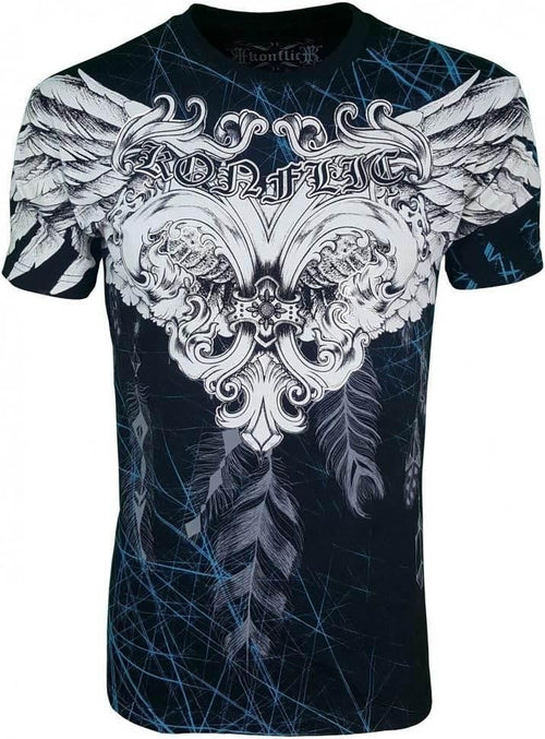 Black cotton gothic graphic t-shirt with winged fleur-de-lis, feather and skull design.