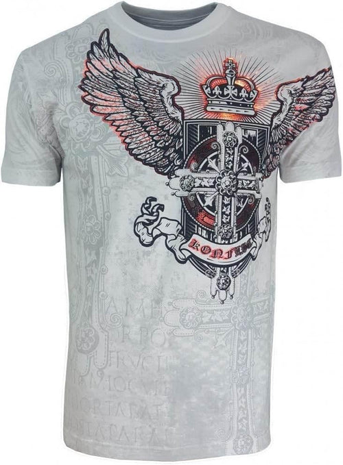 White graphic tee with winged cross, crown, and gothic 'London' print, alternative fashion