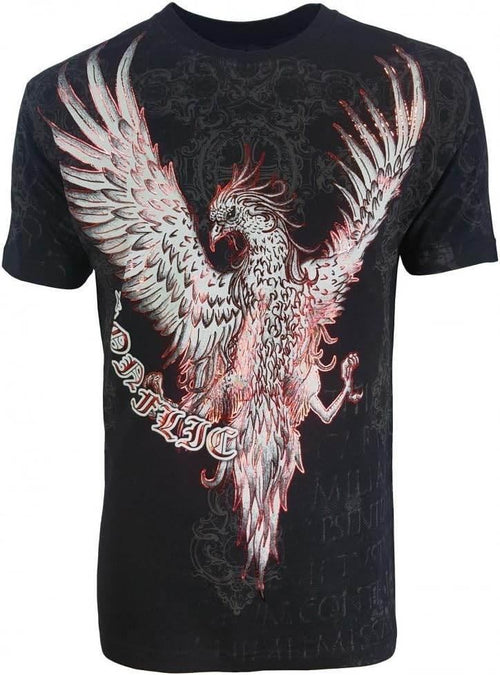 Black cotton t-shirt with gothic phoenix graphic, red rhinestone accents, punk streetwear style