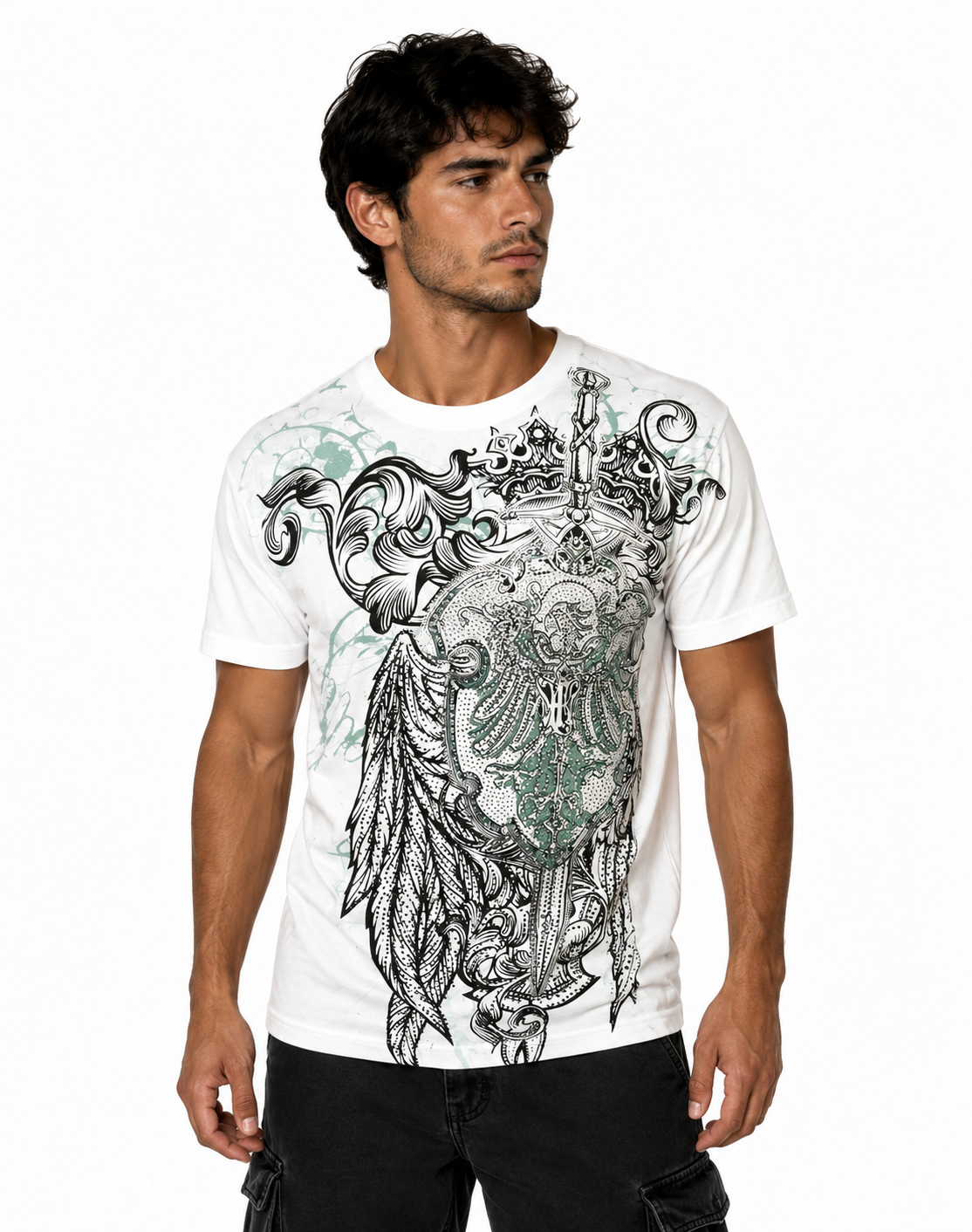 Konflic Men's Spirit of The Gladiator Shield & Crown "Rhinestone" Graphic All Over Print T-Shirt