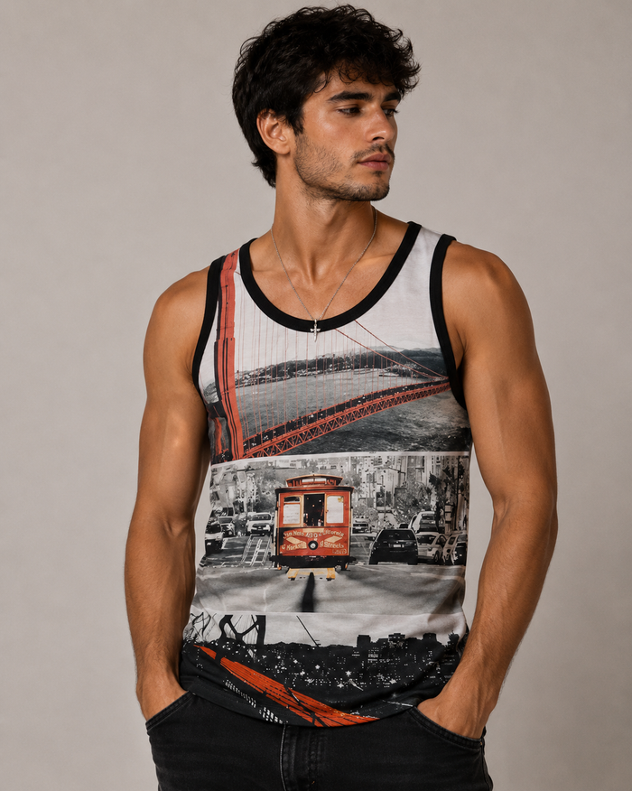 Konflic San Francisco City View Sublimation Graphic Mens Tank Tops