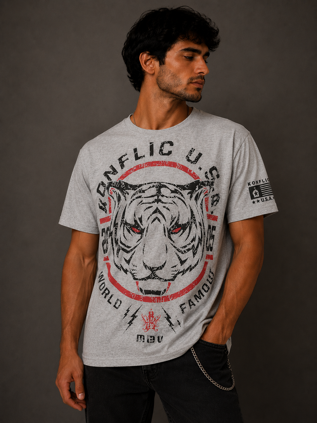 Konflic Red Eyes Grey Tiger Power Graphic T Shirt