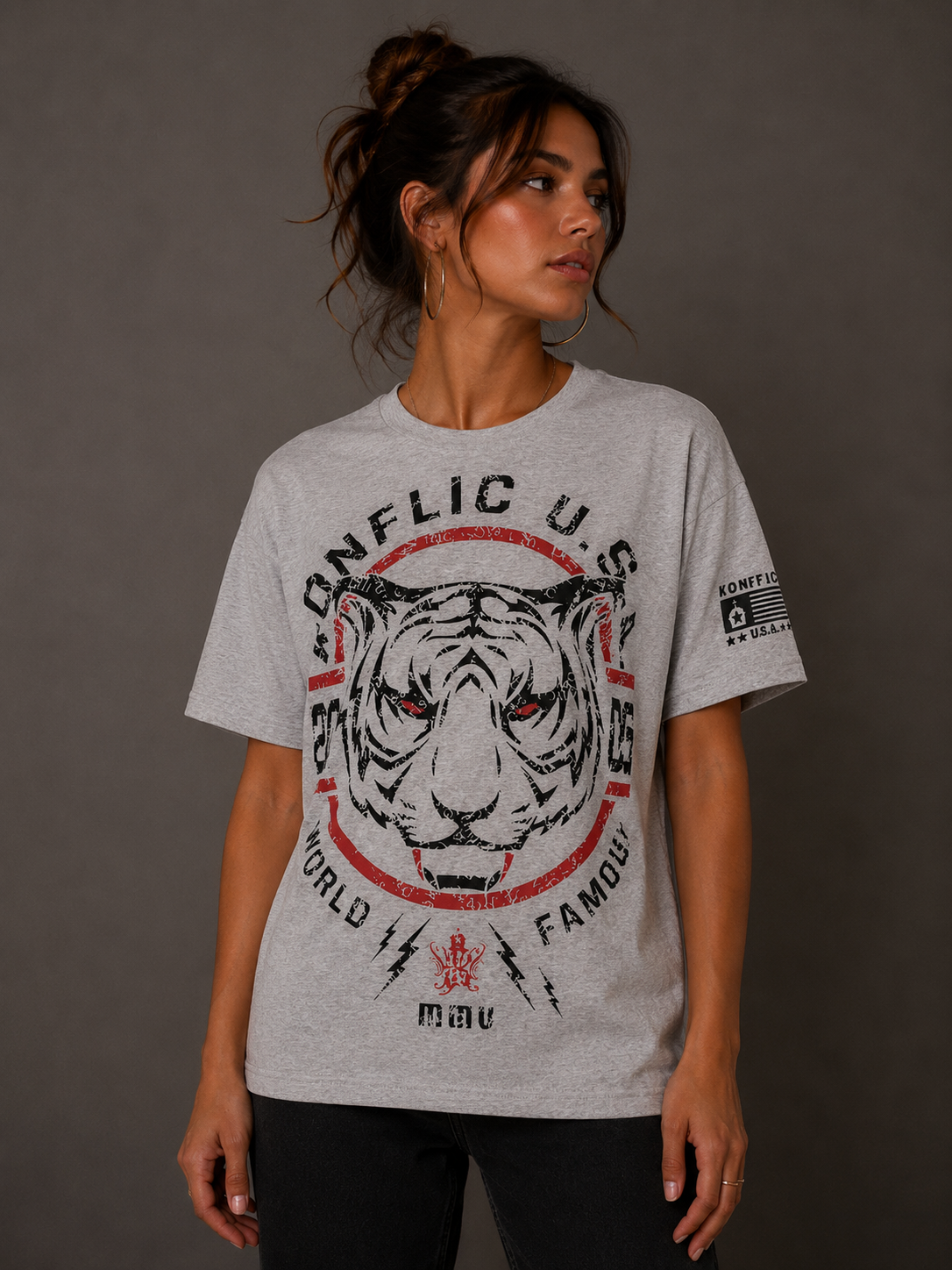 Konflic Red Eyes Grey Tiger Power Graphic T Shirt