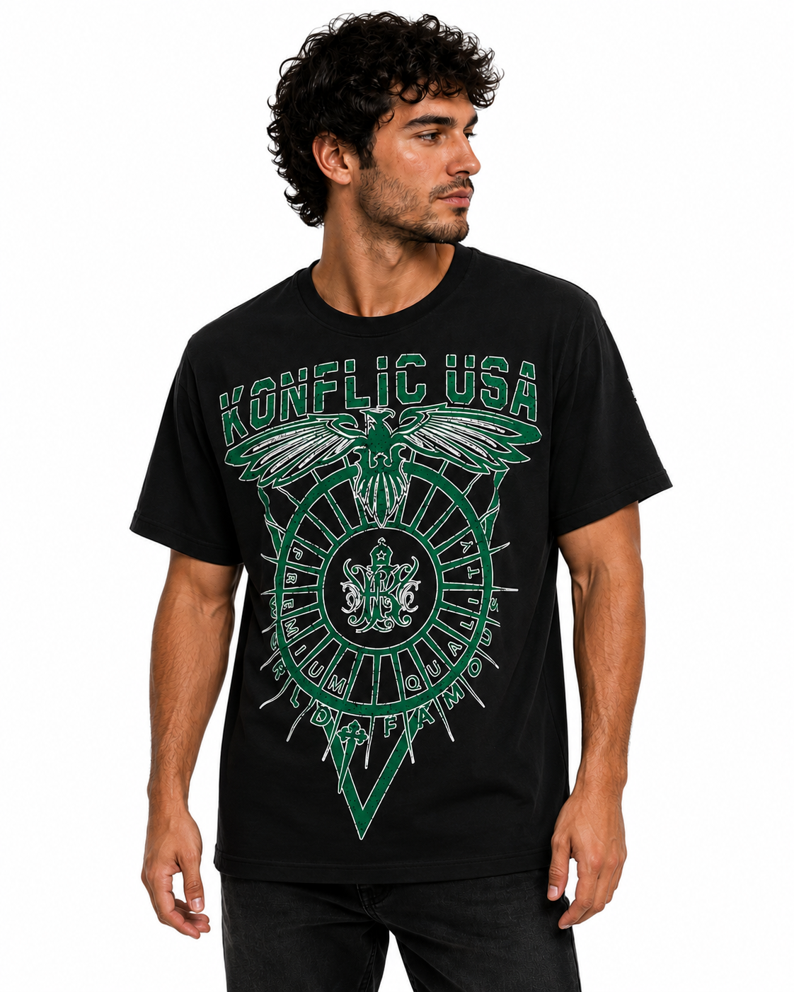 Konflic Men's Green Crest Eagle Emblem Graphic T-Shirt