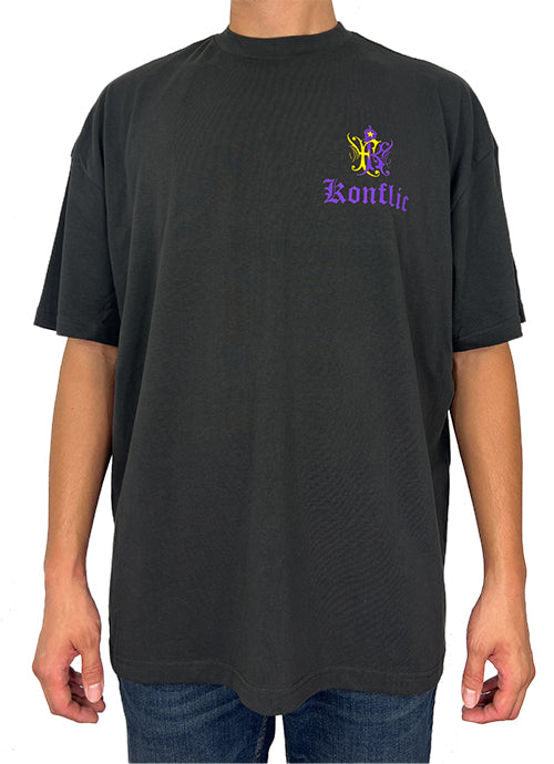 Black t-shirt with a logo and text on a white background