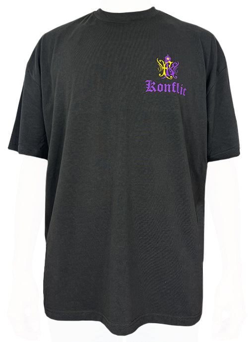 Black t-shirt with a logo and text on a white background