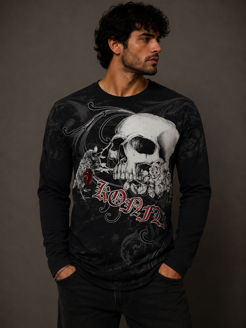 Konflic Skull And Rose Graphic Long Sleeve Tee