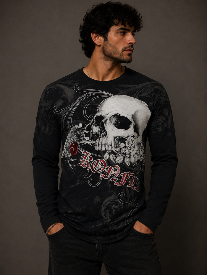 Konflic Skull And Rose Graphic Long Sleeve T-Shirt "Red Foil"