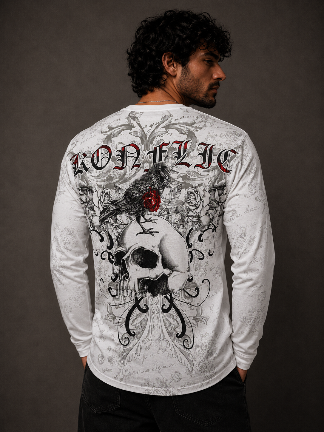 Konflic Skull And Rose Graphic Long Sleeve T-Shirt "Red Foil"