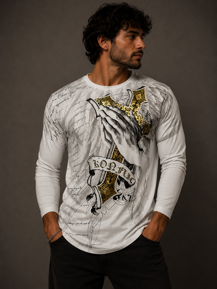 Konflic Praying Hands and Cross Graphic Long Sleeve tee "Gold Foil"