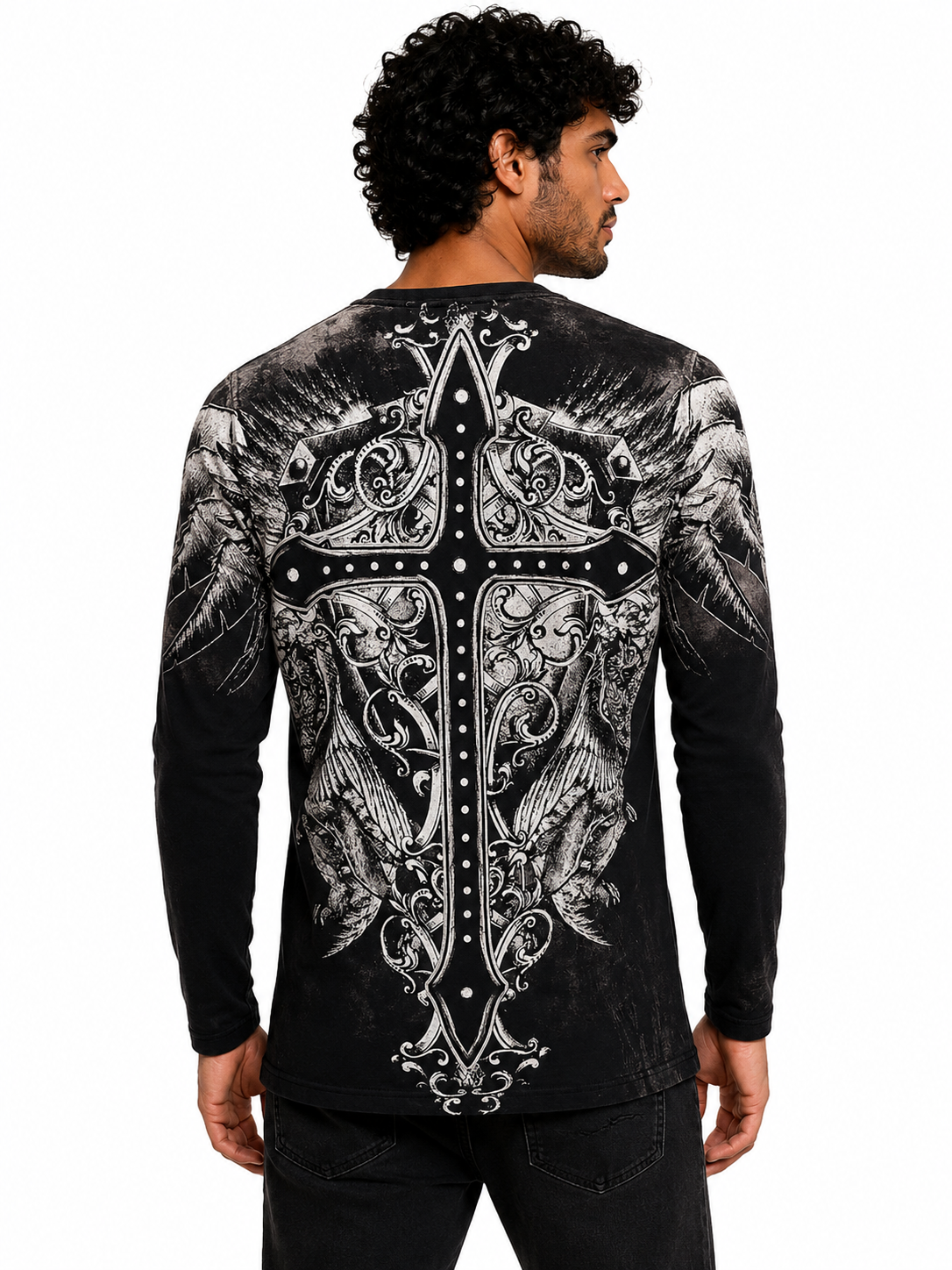 Konflic Men's Giant Gothic Cross Graphic All Over Print Long Sleeve T-Shirt