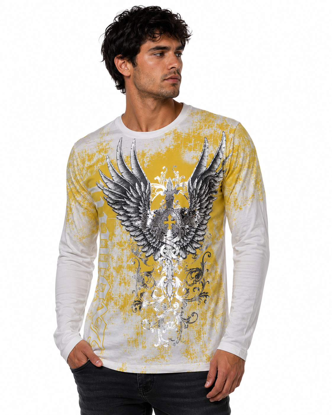 Konflic Men's Winged Sword & Golden Cross Graphic All Over Print Long Sleeve T-Shirt