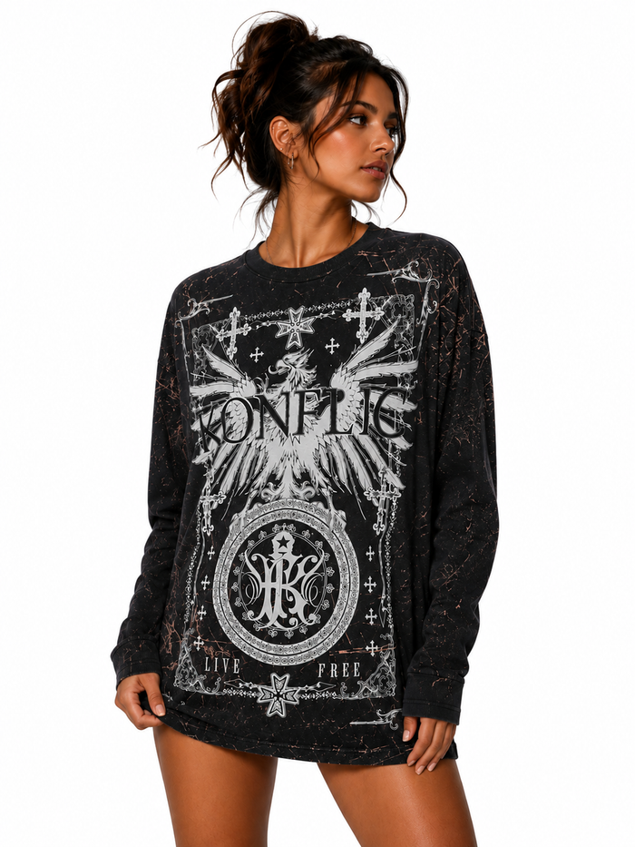 Konflic Special Season Edition Phoenix & Gothic Cross Men's  Long Sleeve T-Shirt "Silver Foil"