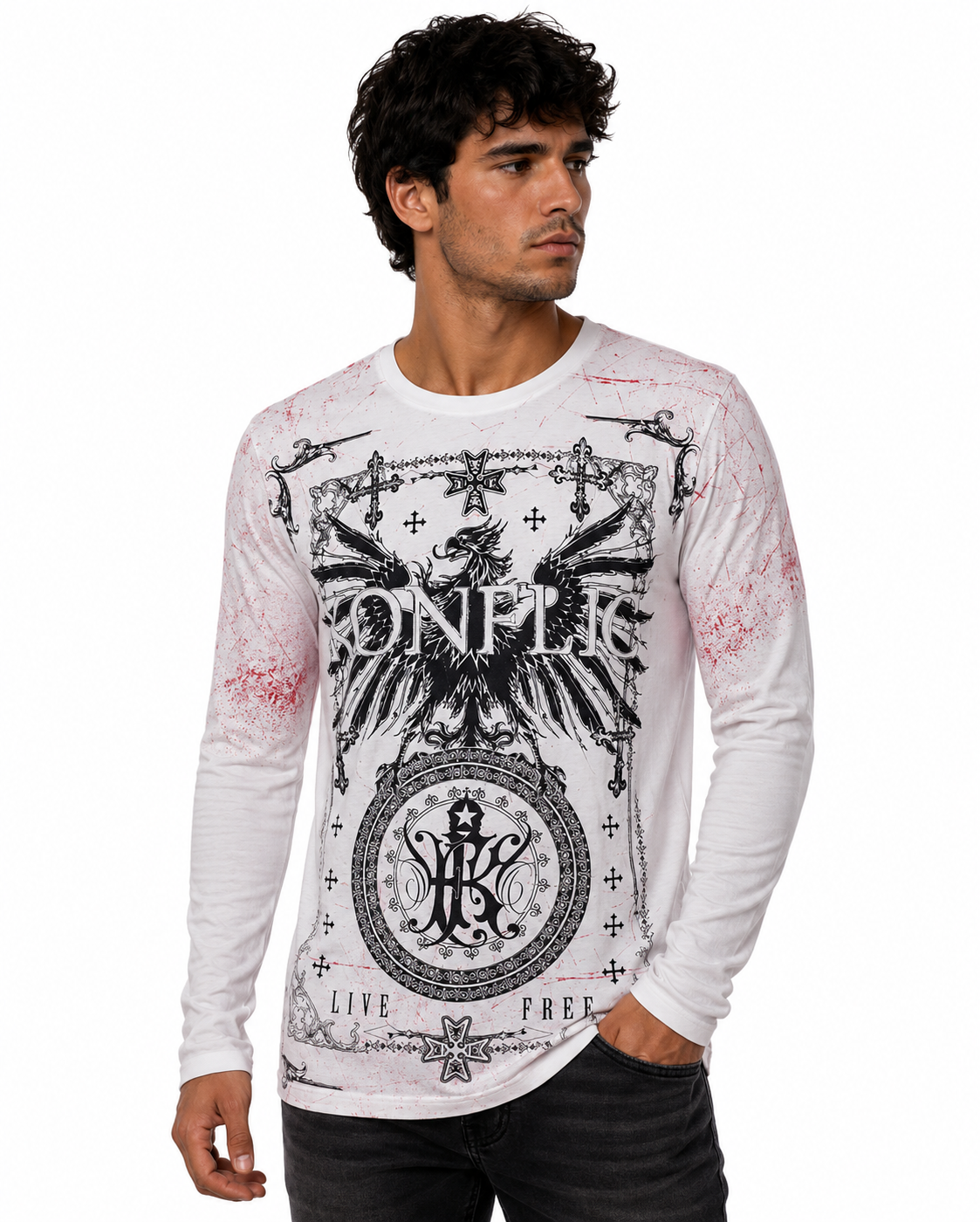 Konflic Special Season Edition Phoenix & Gothic Cross Men's  Long Sleeve T-Shirt "Silver Foil"