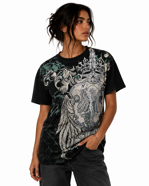 Konflic Men's Spirit of The Gladiator Shield & Crown "Rhinestone" Graphic All Over Print T-Shirt