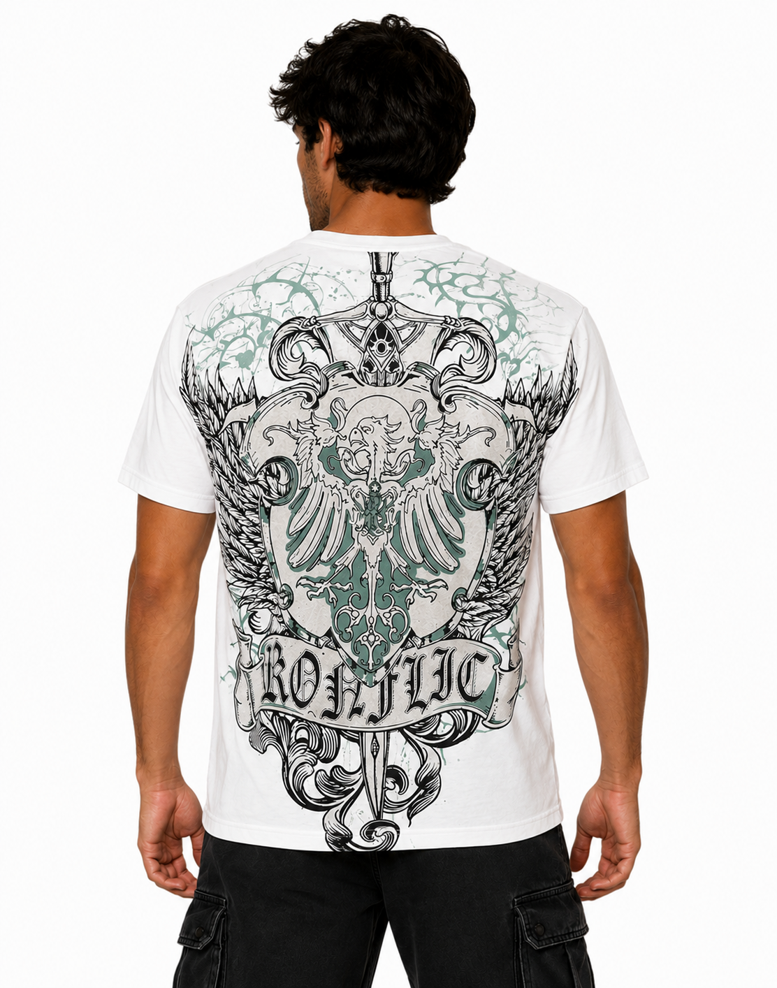 Konflic Men's Spirit of The Gladiator Shield & Crown "Rhinestone" Graphic All Over Print T-Shirt