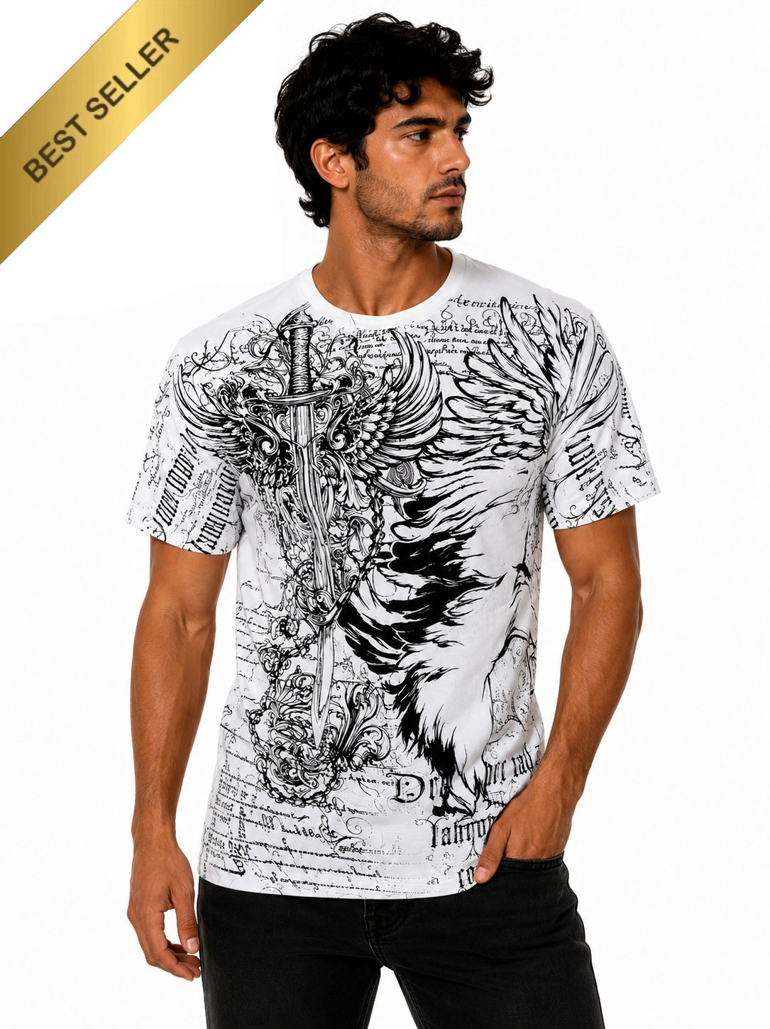 Konflic Eagle Shield & Tribal Sword with Chains Graphic All Over Print Men's T-Shirt