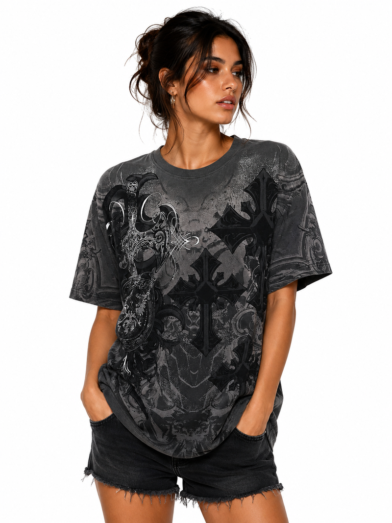 Konflic Gothic Cross & Medieval Sword Graphic All Over Print Men's T-Shirt
