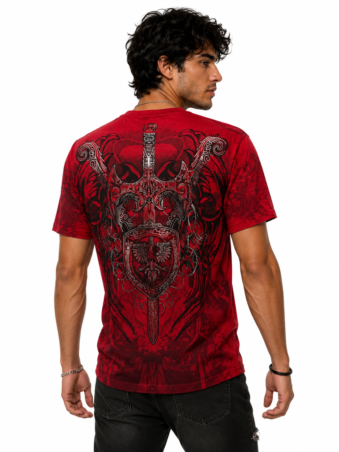 Konflic Gothic Cross & Medieval Sword Graphic All Over Print Men's T-Shirt