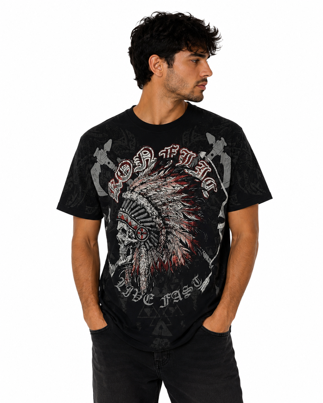 Konflic Men's Warrior Skull Graphic All Over Print Men's T-Shirt "Red Foil"