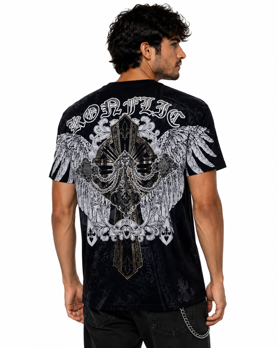 Konflic The Golden Cross with Angel Wings Graphic T Shirt