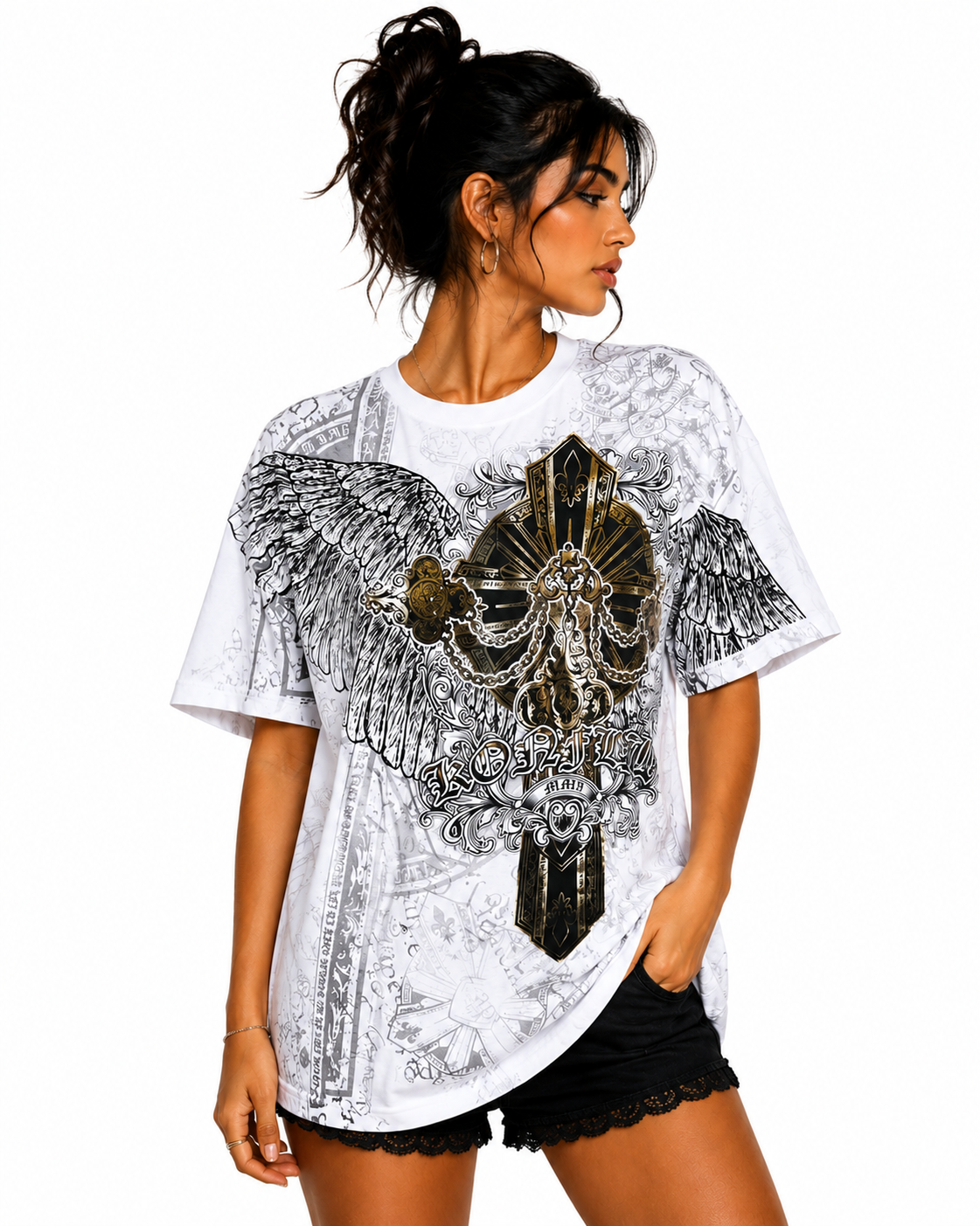 Konflic The Golden Cross with Angel Wings Graphic T Shirt