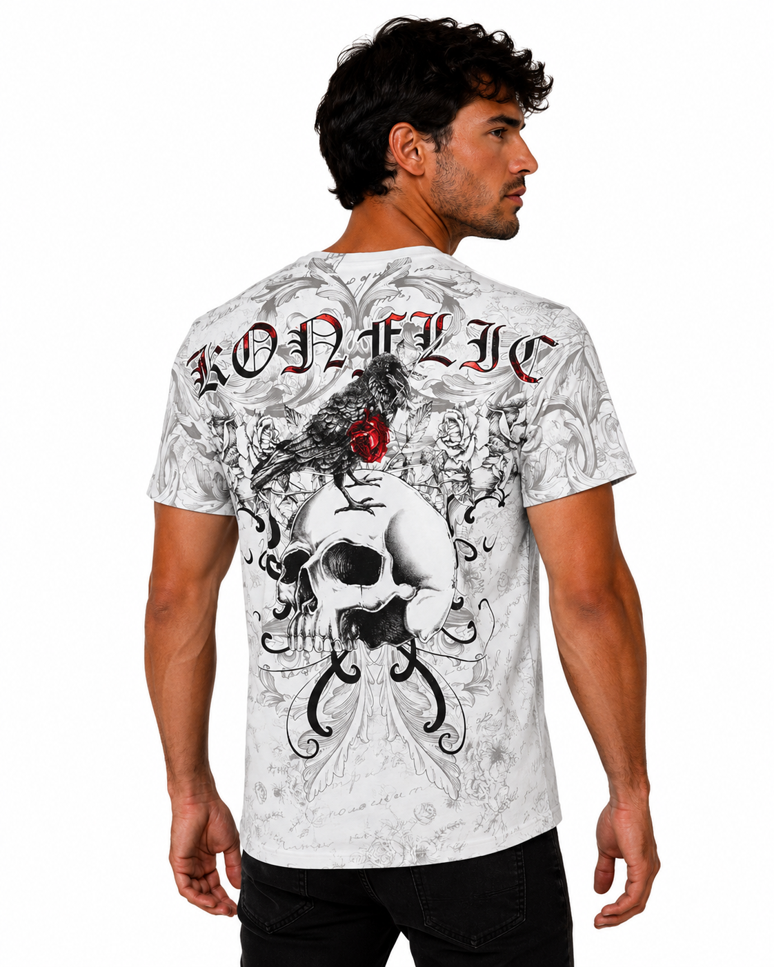 Konflic Skull with Rose & Raven Graphic All Over Print Men's T-Shirt "Red Foil"