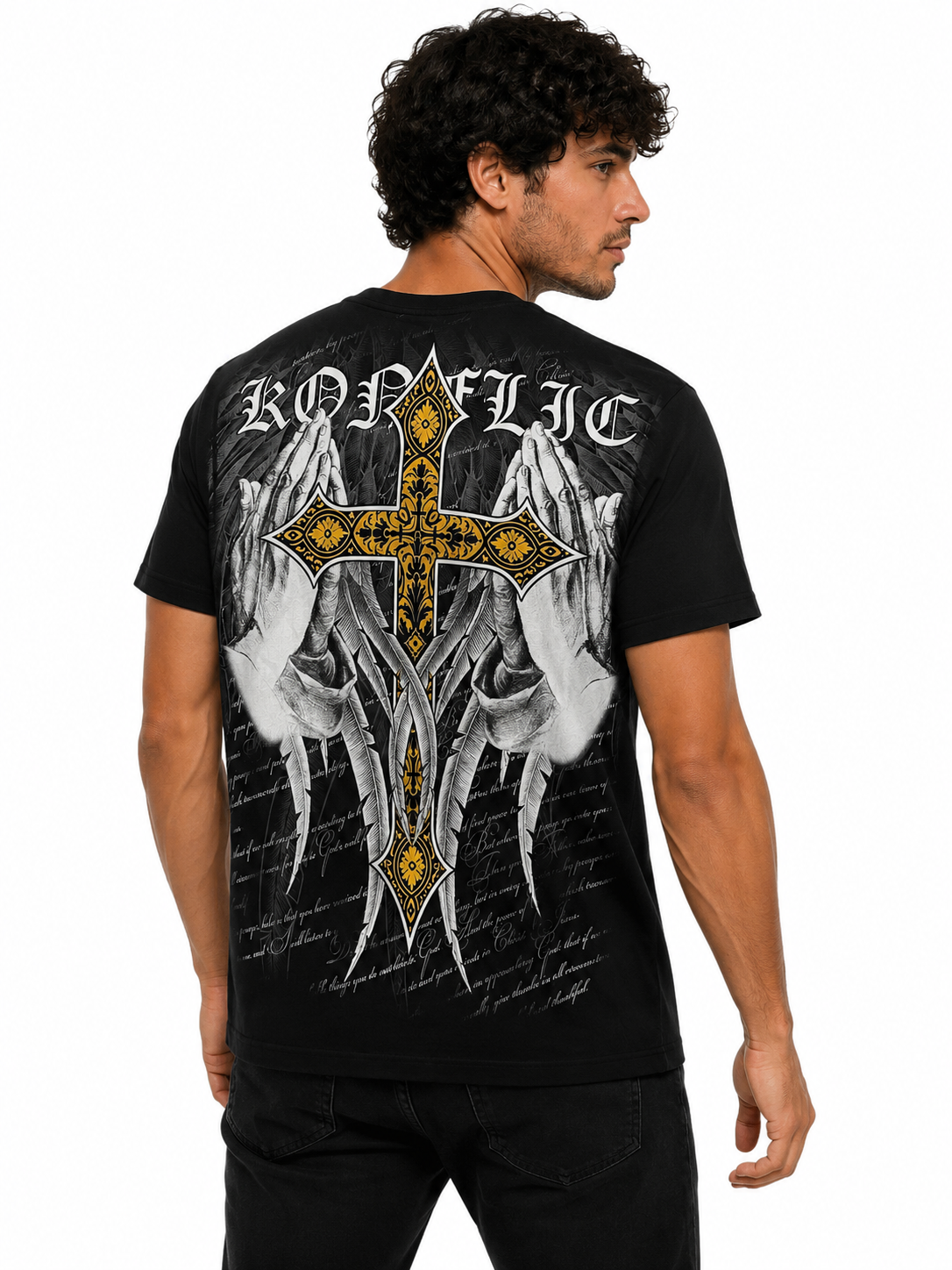 Konflic Men's Praying Hands & Ornate Cross Graphic T-Shirt