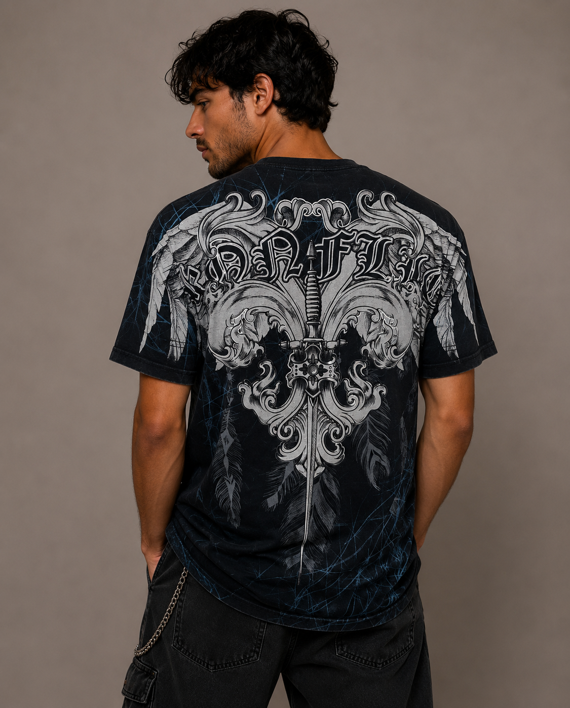 Konflic Men's Gothic Heart and Wings Graphic All Over Print T-Shirt