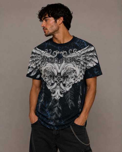 Konflic Men's Gothic Heart and Wings Graphic All Over Print T-Shirt