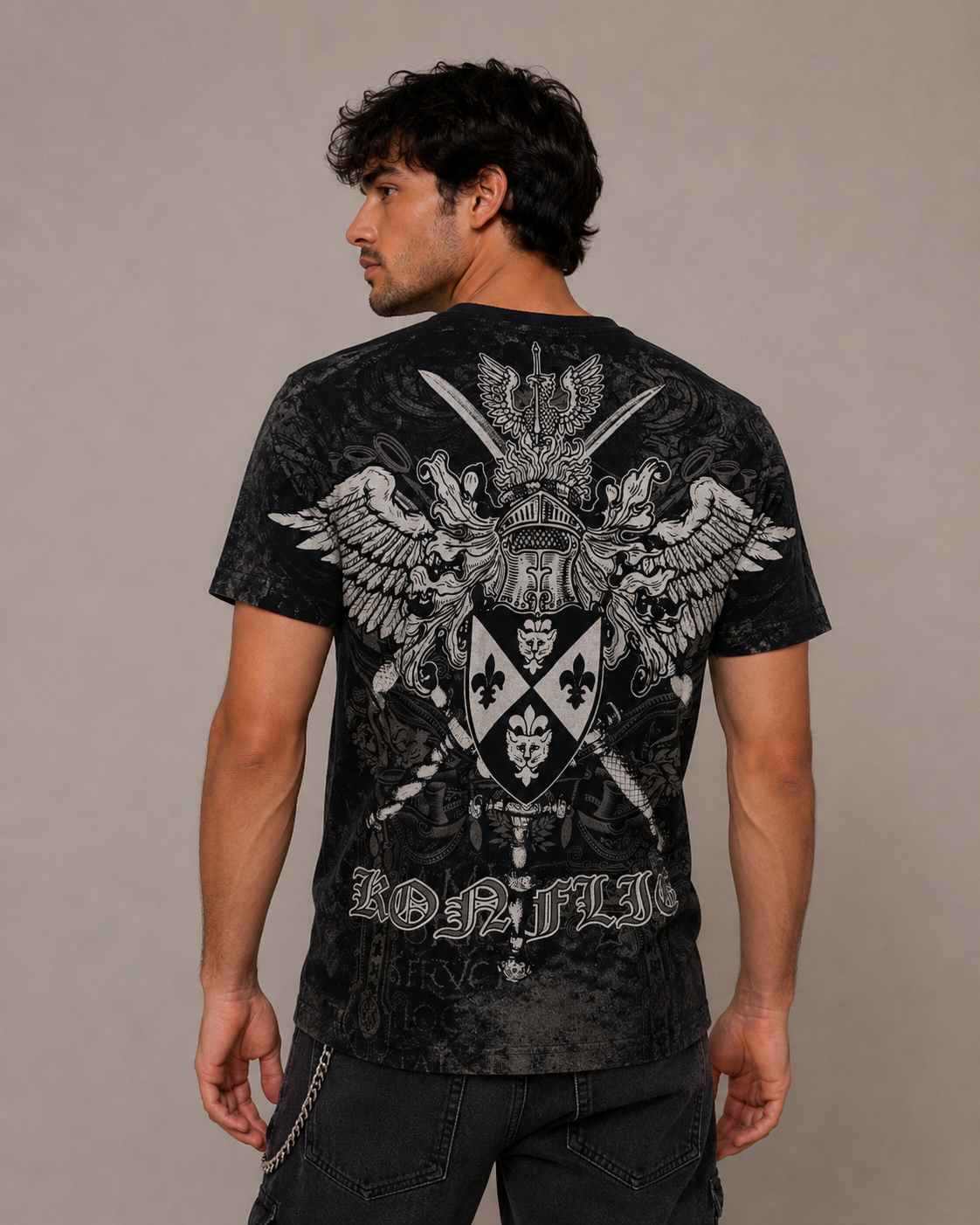 Konflic Men's Crowned Gothic Cross and Shield Graphic All Over Print T-Shirt