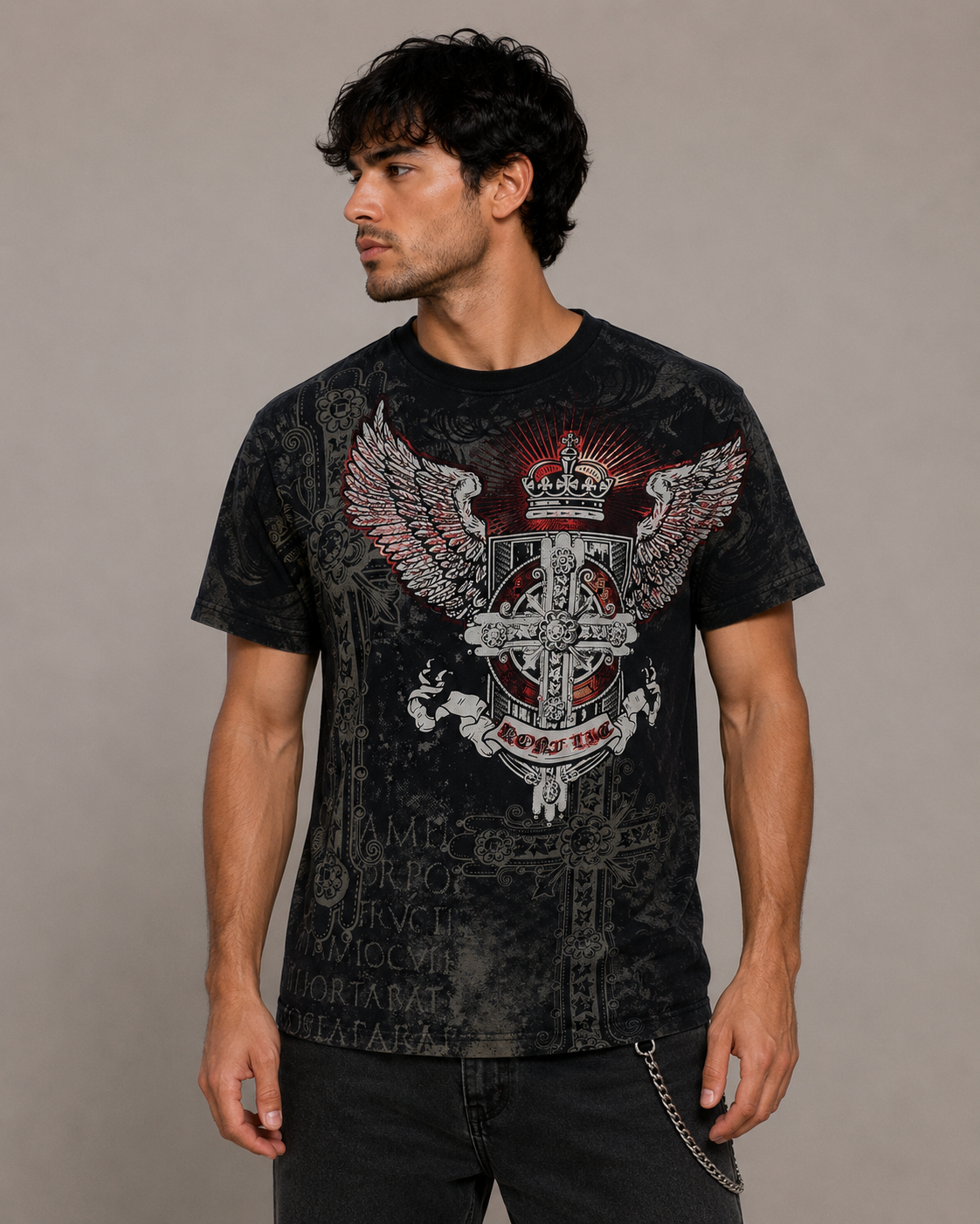 Konflic Men's Crowned Gothic Cross and Shield Graphic All Over Print T-Shirt