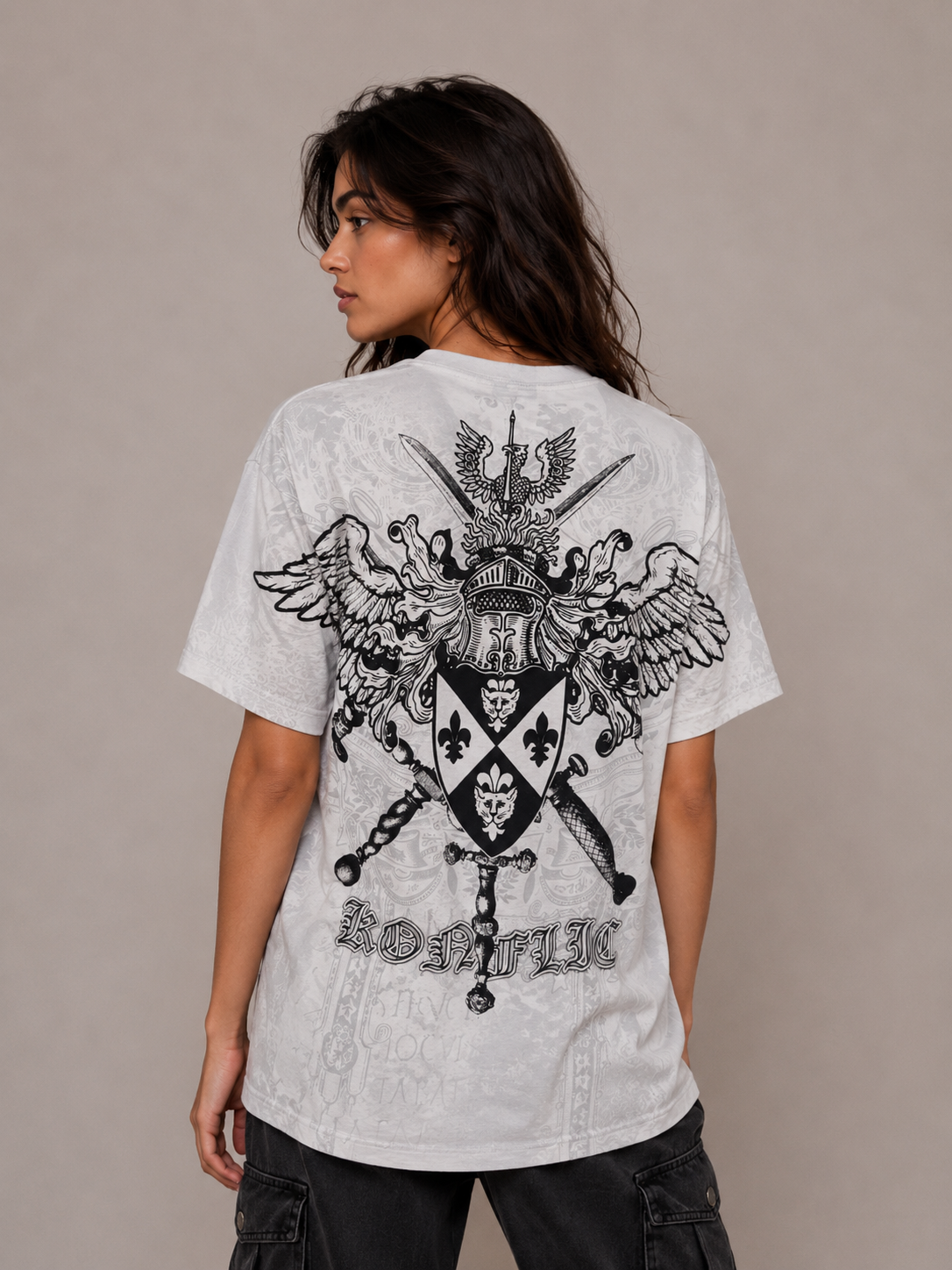 Konflic Men's Crowned Gothic Cross and Shield Graphic All Over Print T-Shirt