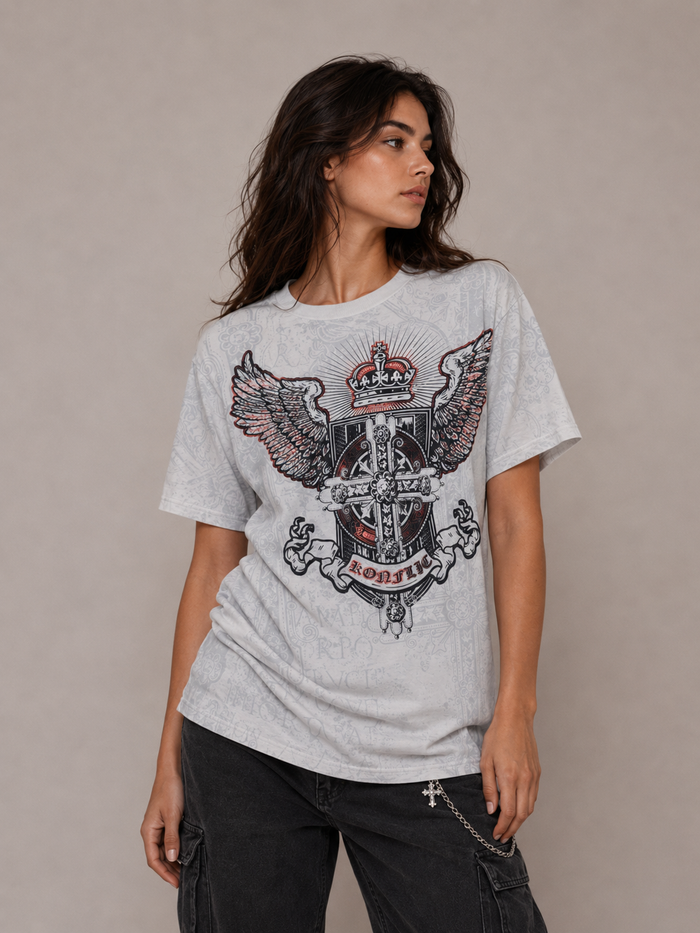 Konflic Men's Crowned Gothic Cross and Shield Graphic All Over Print T-Shirt