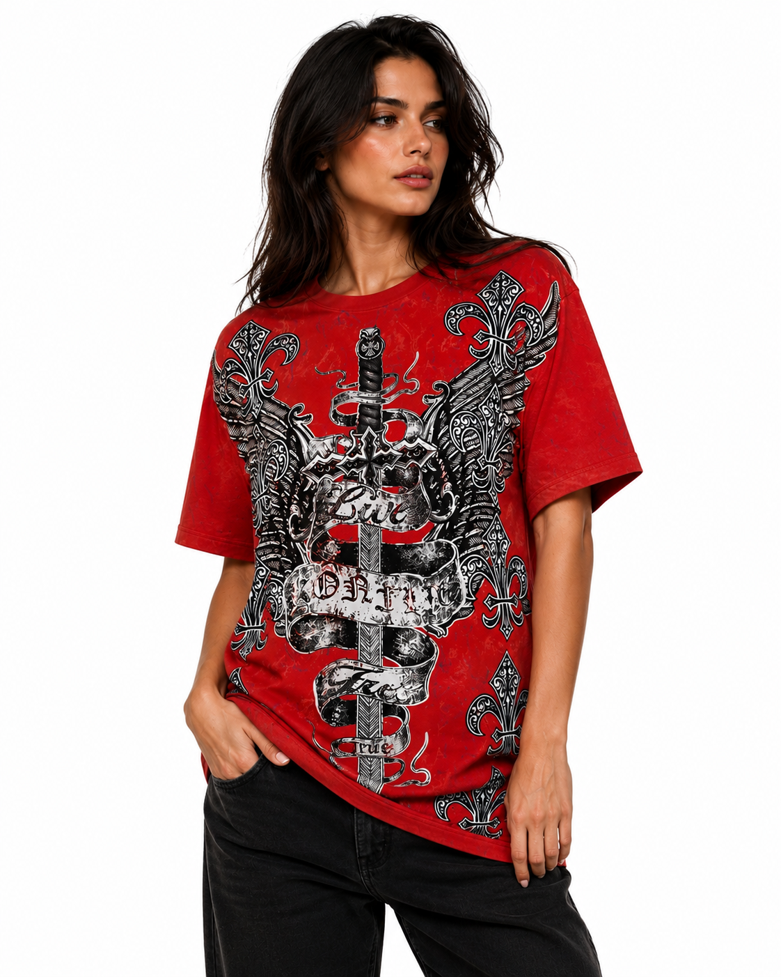 Konflic Men's Live Free Dagger and Angel Wings Graphic All Over Print T-Shirt