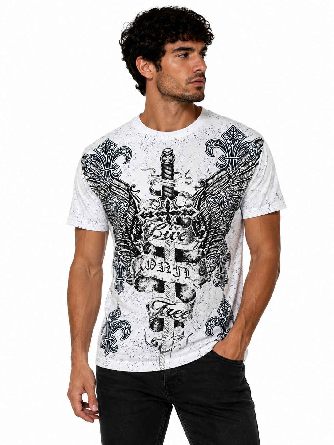 Konflic Men's Live Free Dagger and Angel Wings Graphic All Over Print T-Shirt